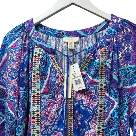 Cupio Boho Peasant Top Size Large Womens Tunic Tee Blouse Blue Paisley NWT - Picture 2 of 10